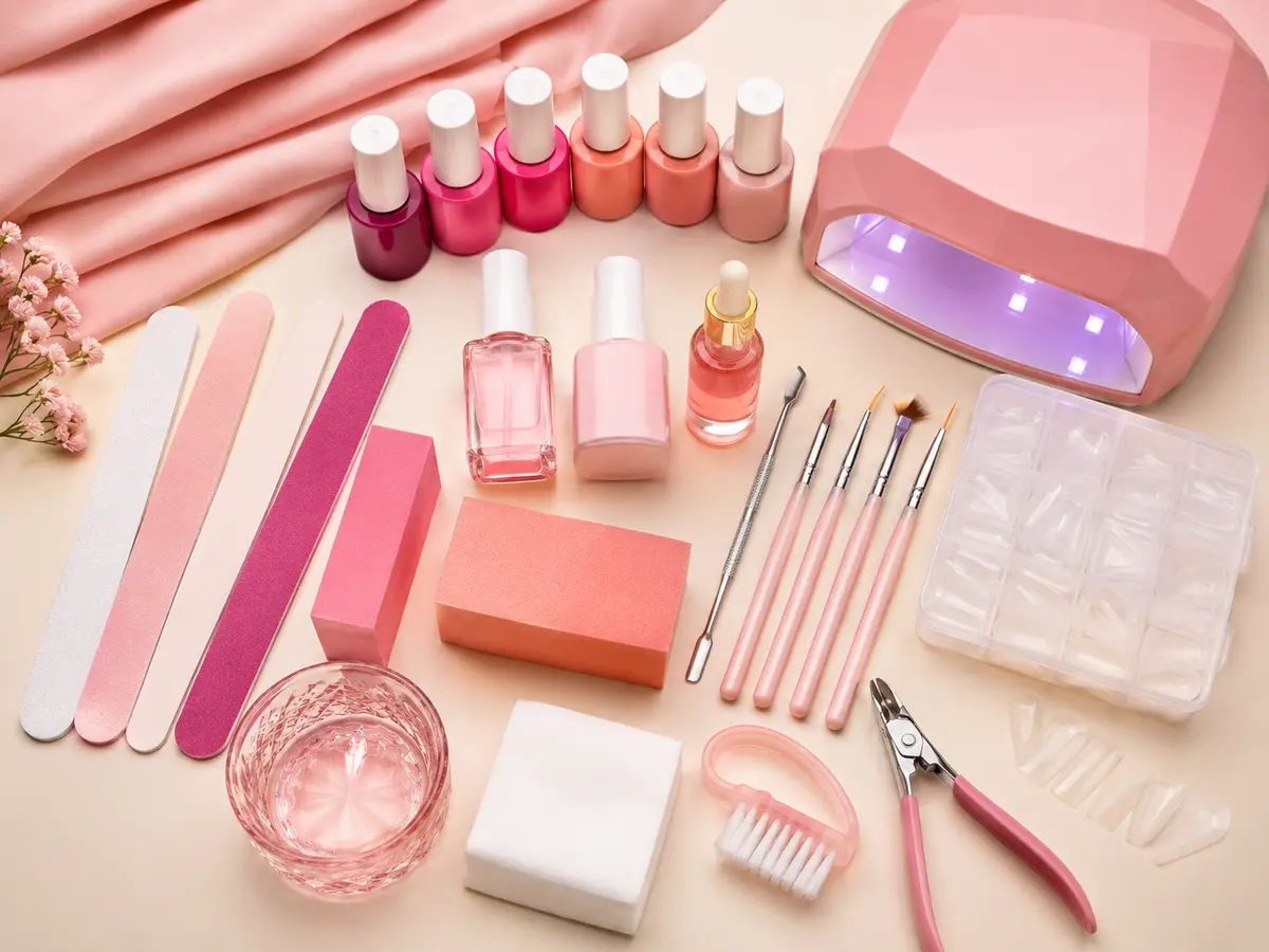 Colorful nail tools, gels, swatches, foils and crystals