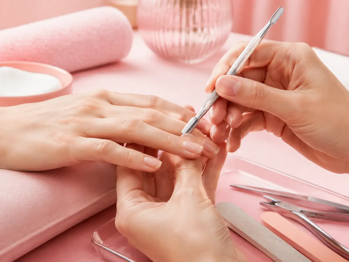 Nail educator demonstrating colorful gel application