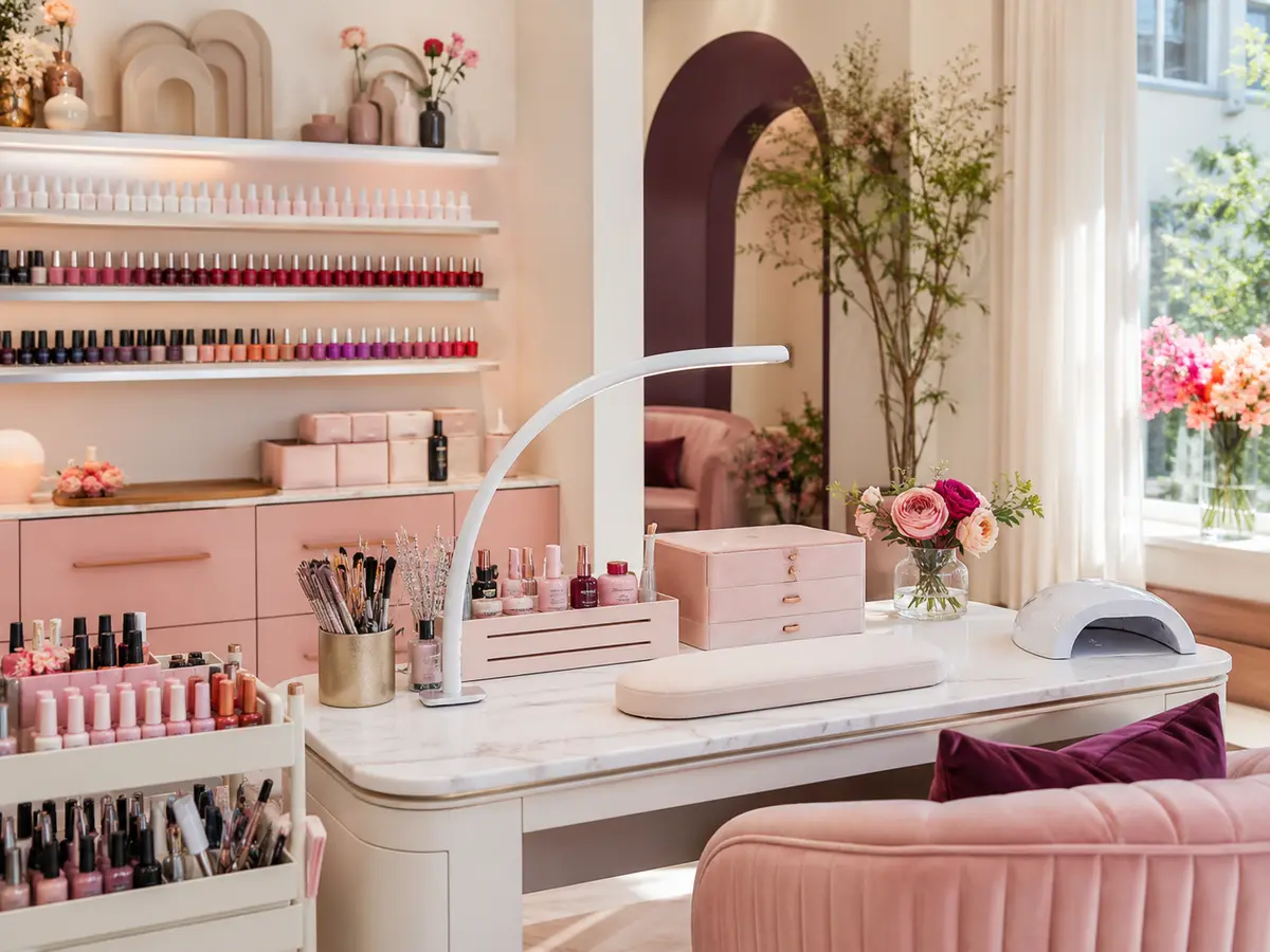 Bright pink and plum professional nail workspace