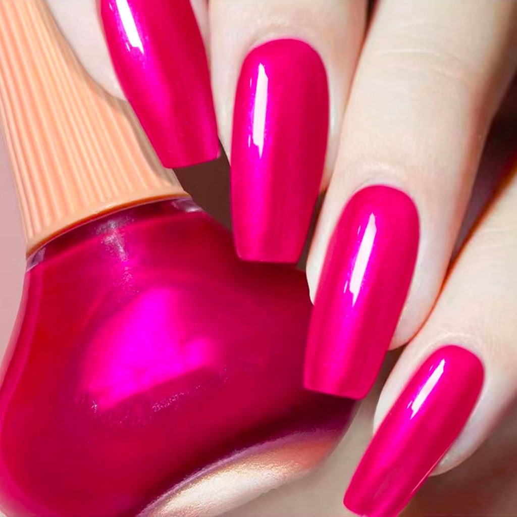 COSMOO Hot Pink Nail Polish, 12ml Quick Dry Nail Lacquer, Super Lustrous Nail Enamel Polish, Shimmer Iridescent Ultrachrome Nail Art Varnish, 0.41 fl oz