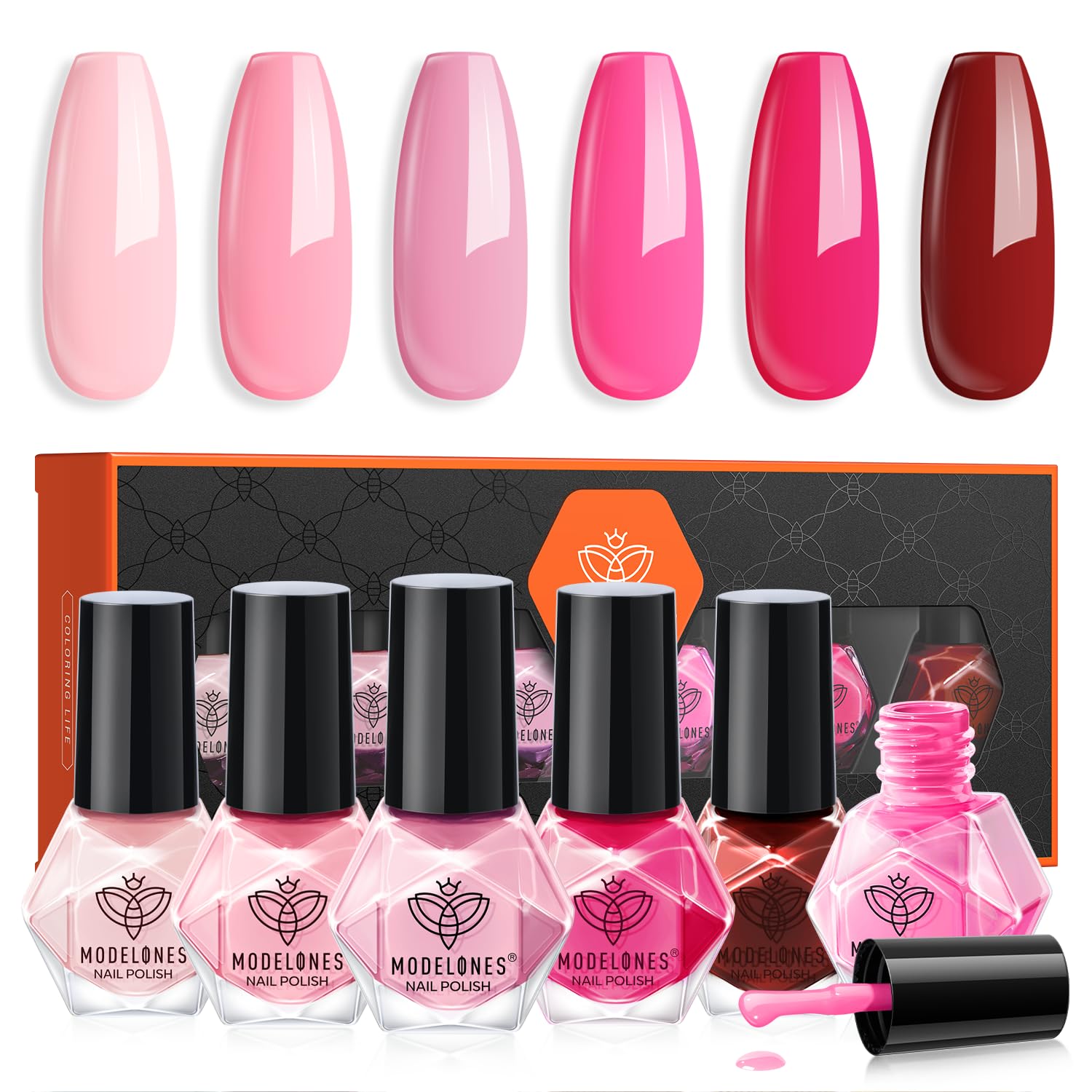 modelones Pink Mini Nail Polish Set 6 Colors, Hot Pink Tones Neon Pink Shades Magenta Light Soft to Dark Nail Art Design for Women Girl Nail Lovers Gift Salon DIY Manicure Kit