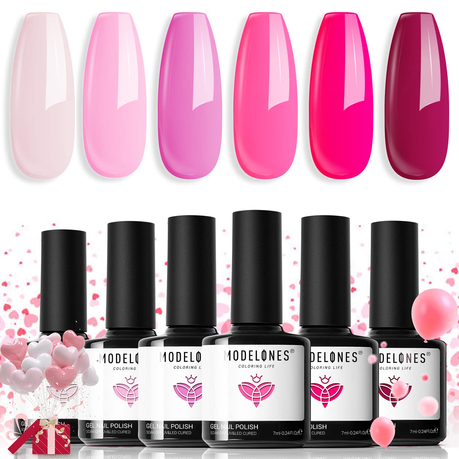 modelones Pink Gel Nail Polish Set 6 Colors, Hot Pink Tones Neon Pink White Shades Magenta Light Soft to Dark Nail Art Design for Women Girl Nail Lovers Gift Salon DIY Christmas Gel Manicure Gift