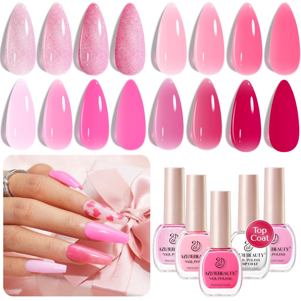 AZUREBEAUTY 4 Colors Vegan Nail Polish Set, Hot Pink Jelly Red Glitter Quick Dry Natural Nail Lacquer Strengthening Treatment Kit with Top Coat for Women Girl Nail Lovers Gift