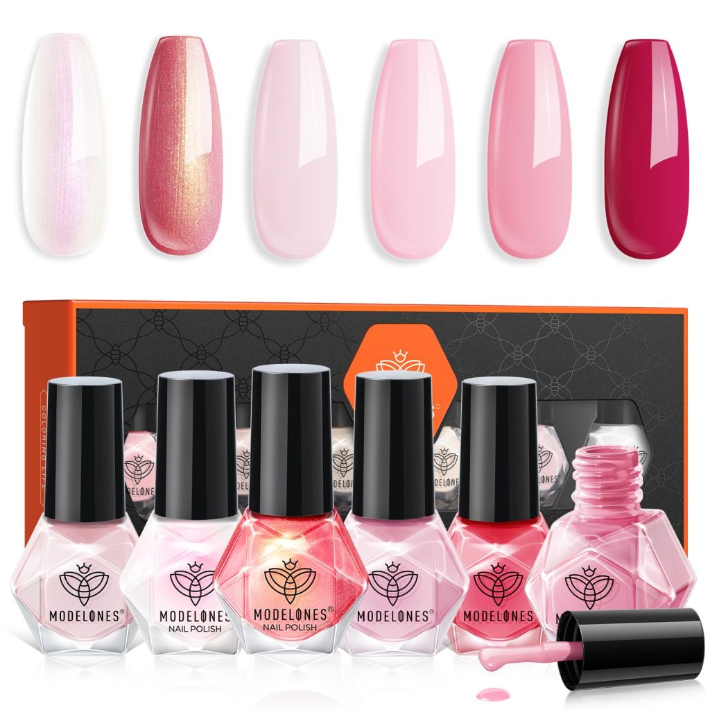 modelones Nail Polish 6 Colors Hot Pink White Nude Pink Nail Polish Set Shimmer Light Pink Pearl Summer Quick Dry Finger Nail Polish Bulk Manicure DIY Nail Art Salon Home Gift For Women