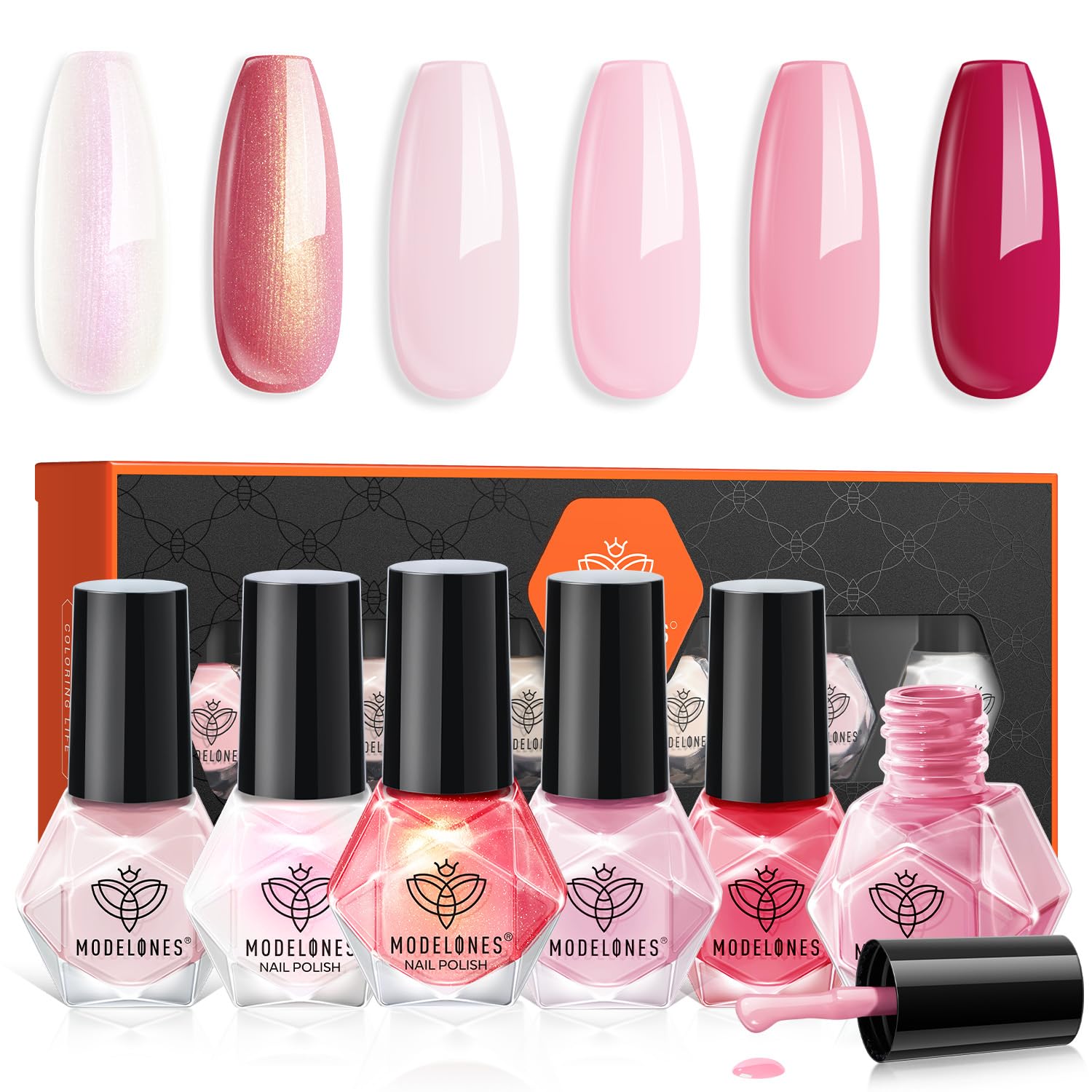 modelones Nail Polish 6 Colors Hot Pink White Nude Pink Nail Polish Set Shimmer Light Pink Pearl Summer Quick Dry Finger Nail Polish Bulk Manicure DIY Nail Art Salon Home Gift For Women