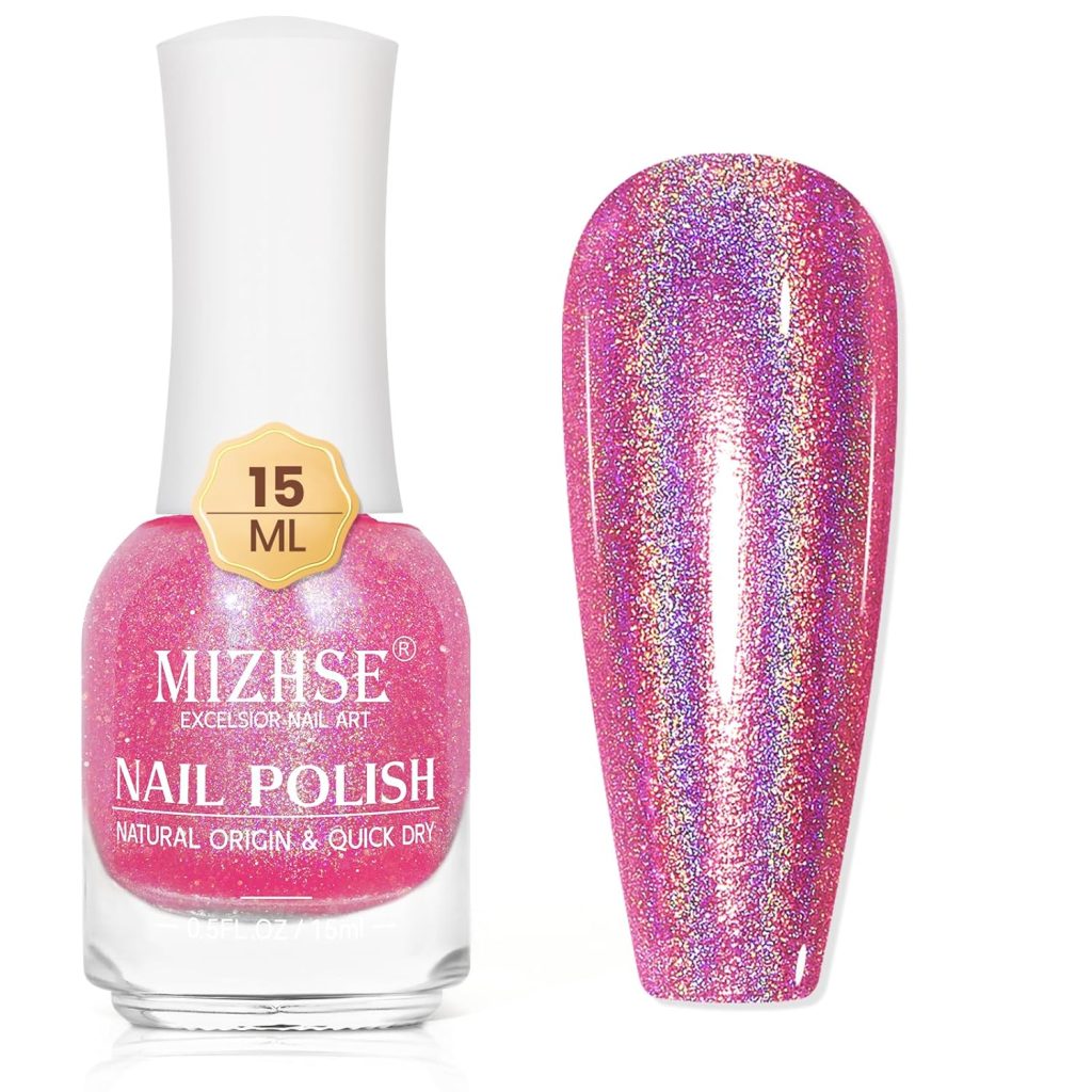 MIZHSE Holographic Nail Polish, Pink Glitter Nail Polish Air Dry Fast, 15 ml High Glossy Shimmer Nail Pigment Oil-based Laser Iridescent Nail Polish Chrome Halo Nail Art Salon Manicure Home