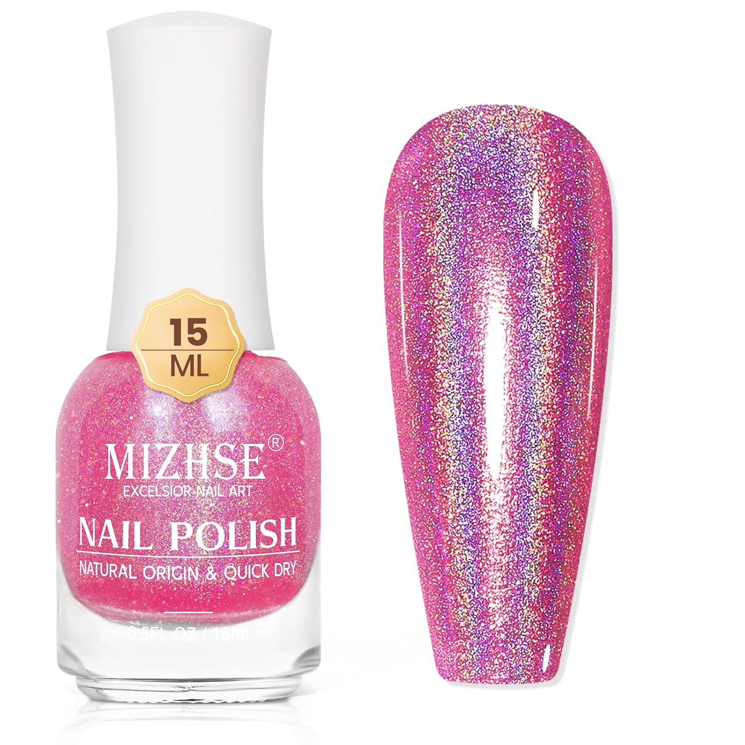 MIZHSE Holographic Nail Polish, Pink Glitter Nail Polish Air Dry Fast, 15 ml High Glossy Shimmer Nail Pigment Oil-based Laser Iridescent Nail Polish Chrome Halo Nail Art Salon Manicure Home